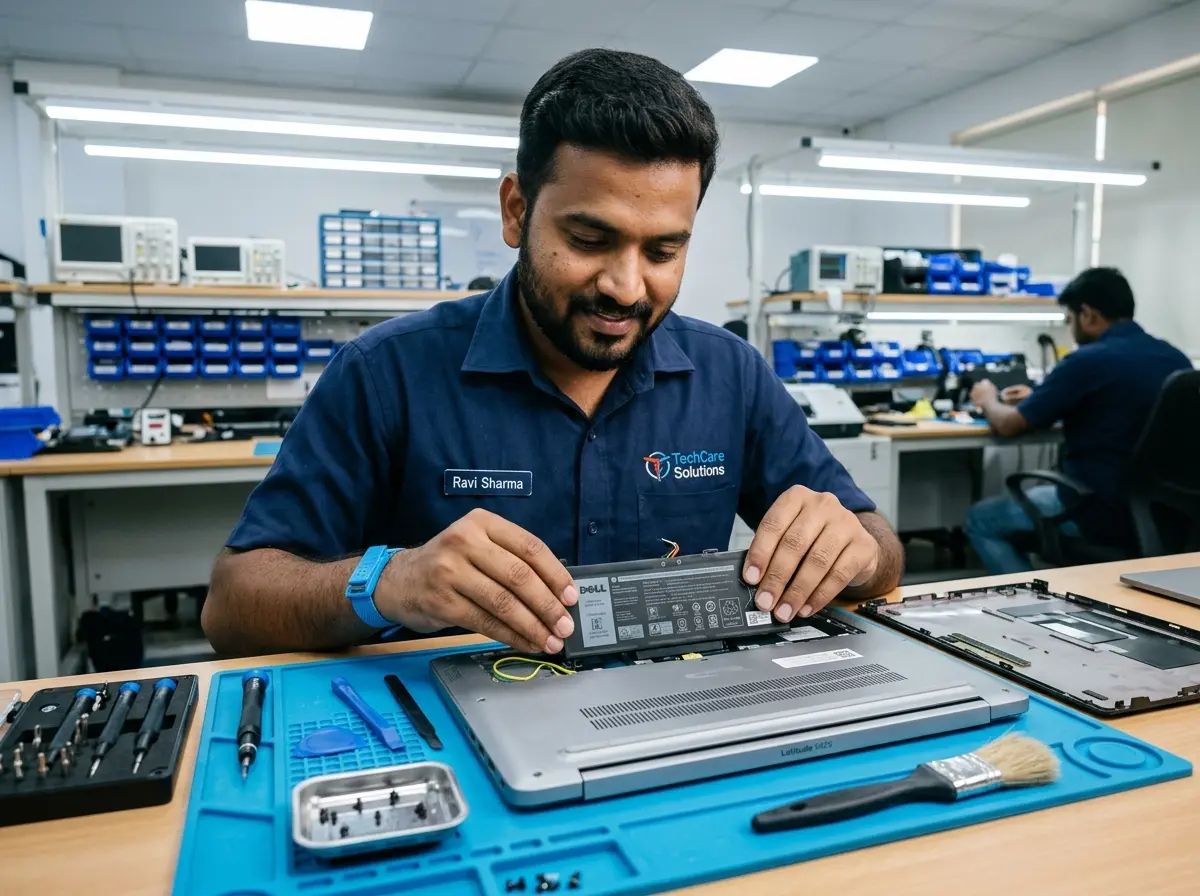 Swapping dead laptop battery with genuine replacement parts in Mumbai service center