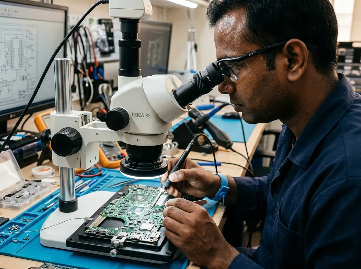 Micro-soldering motherboard chip level repair on Apple MacBook logic board