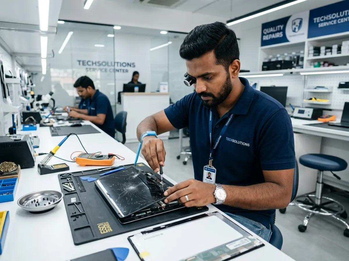 Technician repairing cracked Dell laptop screen in Mumbai